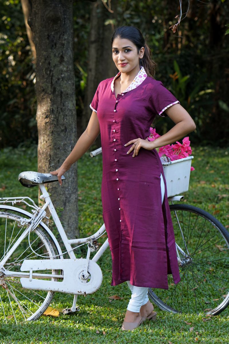 Satin Cotton Shawl Collar Straight Cut Kurta with Mega Sleeves and Potli Button  Details, Purple, KP1091