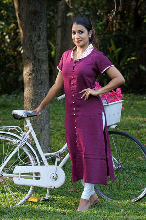 Satin Cotton Shawl Collar Straight Cut Kurta with Mega Sleeves and Potli Button  Details, Purple, KP1091