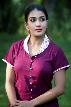 Satin Cotton Shawl Collar Straight Cut Kurta with Mega Sleeves and Potli Button  Details, Purple, KP1091