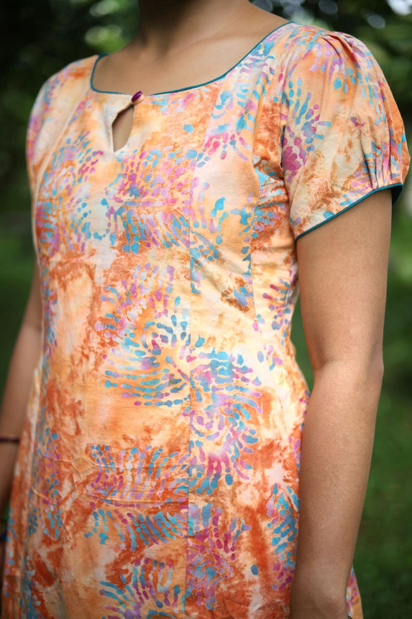 Bathik Cotton Boat Neck Kurta with Puff Sleeves, Peach, KP1099