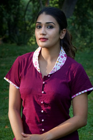 Satin Cotton Shawl Collar Straight Cut Kurta with Mega Sleeves and Potli Button  Details, Purple, KP1091