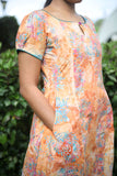 Bathik Cotton Boat Neck Kurta with Puff Sleeves, Peach, KP1099