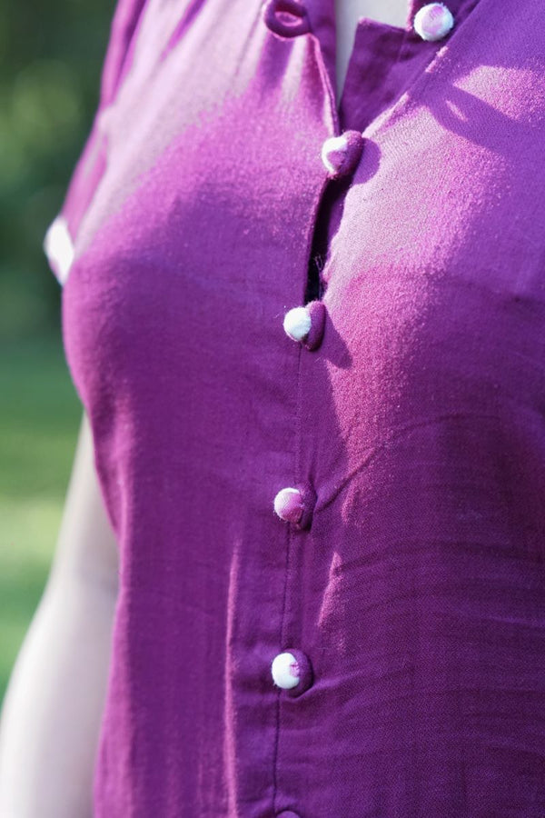 Satin Cotton Shawl Collar Straight Cut Kurta with Mega Sleeves and Potli Button  Details, Purple, KP1091