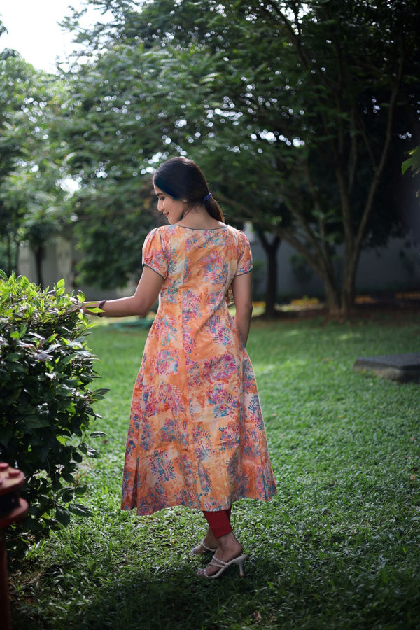 Bathik Cotton Boat Neck Kurta with Puff Sleeves, Peach, KP1099