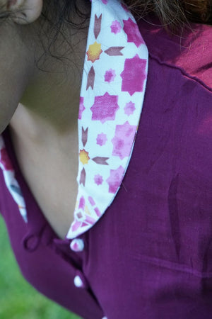 Satin Cotton Shawl Collar Straight Cut Kurta with Mega Sleeves and Potli Button  Details, Purple, KP1091