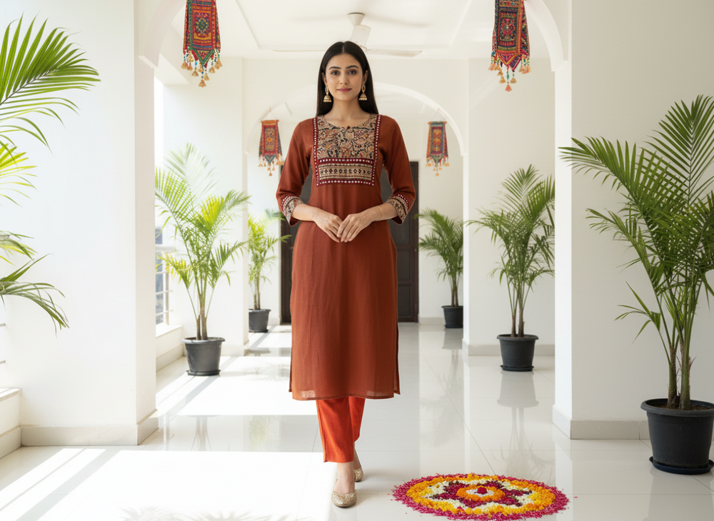Satin Cotton Straight Cut Round neck Kurta with  3/4 Sleeves, Kalamkari Patches & Lace Details - KP1101
