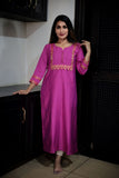 Semi Raw Silk Y Neck Straight Cut Kurta with Banarasi Brocade Patches,  Potli Button Details & Lining, Majentha , KS1003