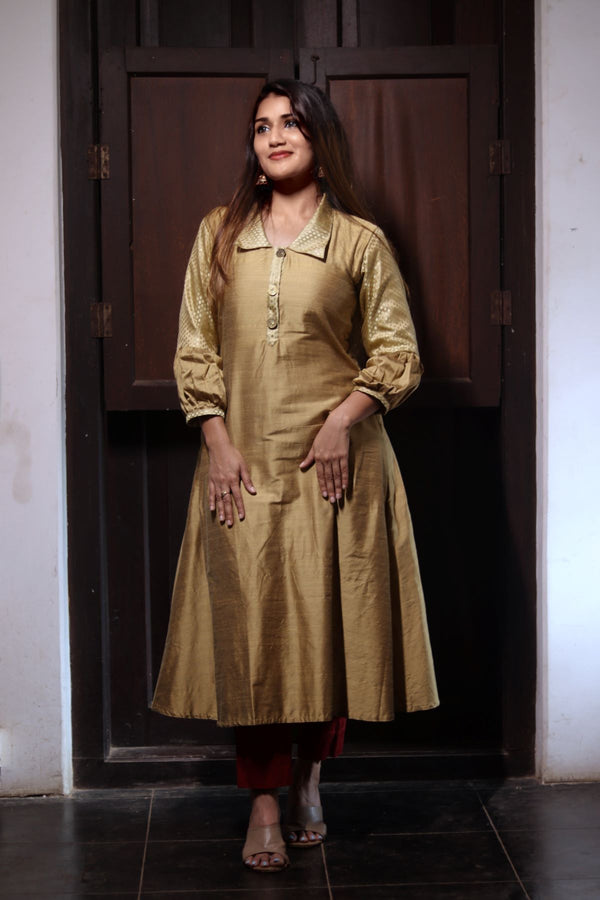 Semi Raw Silk A Line Kurta with Banarasi Brocade Collar & Sleeves, Metal Embellishment Details & Lining , Beige, KS1004