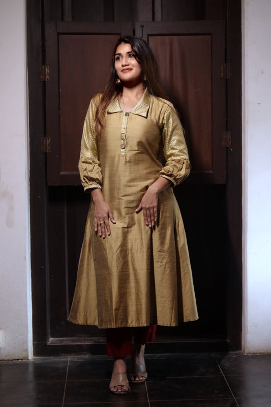 Semi Raw Silk A Line Kurta with Banarasi Brocade Collar & Sleeves, Metal Embellishment Details & Lining , Beige, KS1004