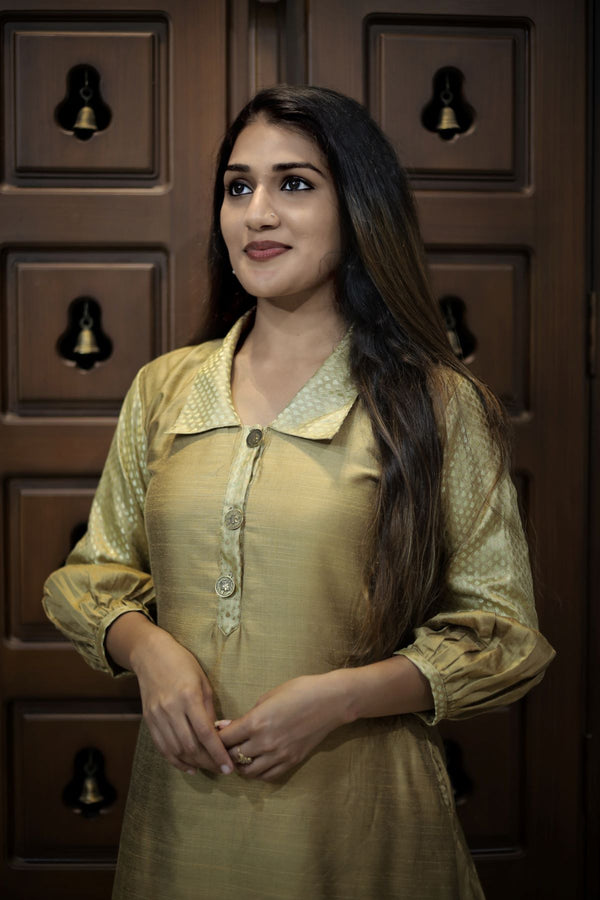 Semi Raw Silk A Line Kurta with Banarasi Brocade Collar & Sleeves, Metal Embellishment Details & Lining , Beige, KS1004
