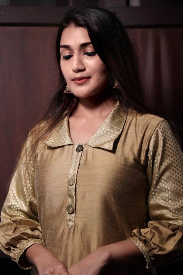 Semi Raw Silk A Line Kurta with Banarasi Brocade Collar & Sleeves, Metal Embellishment Details & Lining , Beige, KS1004