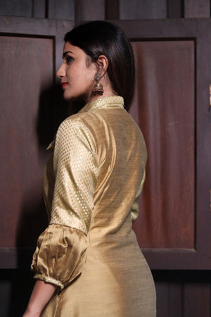 Semi Raw Silk A Line Kurta with Banarasi Brocade Collar & Sleeves, Metal Embellishment Details & Lining , Beige, KS1004
