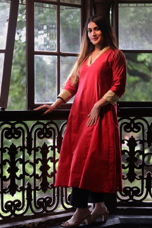 Art Silk V Collar A Line Kurta with Banarasi Brocade Patches & Lining , Maroon, KS1005