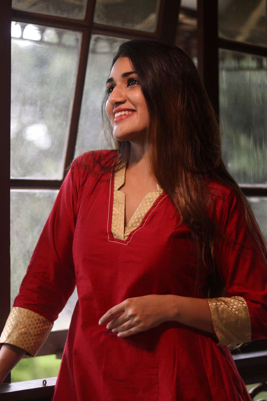 Art Silk V Collar A Line Kurta with Banarasi Brocade Patches & Lining , Maroon, KS1005