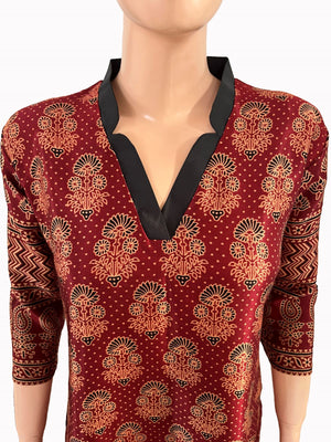 Mashroo Silk V Collar Straight Cut Kurta with Ajrakh Print & 3/4 Sleeves  , Maroon, KS1006