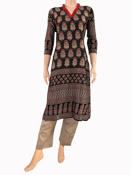 Mashroo Silk V Collar Straight Cut Kurta with Ajrakh Print & 3/4 Sleeves  , Black, KS1007