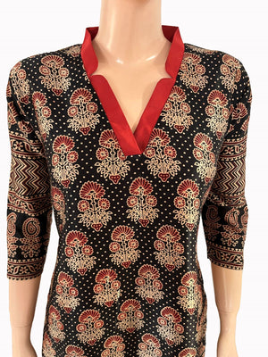 Mashroo Silk V Collar Straight Cut Kurta with Ajrakh Print & 3/4 Sleeves  , Black, KS1007