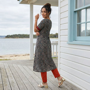 Modal silk Ajrakh kurta, V neck with raw silk patches, half sleeve, A Line, coin lace details, Black,  KS1008