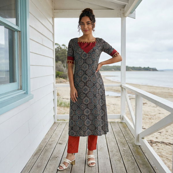 Modal silk Ajrakh kurta, V neck with raw silk patches, half sleeve, A Line, coin lace details, Black,  KS1008