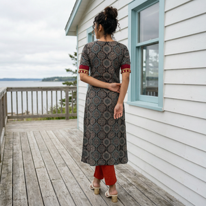 Modal silk Ajrakh kurta, V neck with raw silk patches, half sleeve, A Line, coin lace details, Black,  KS1008