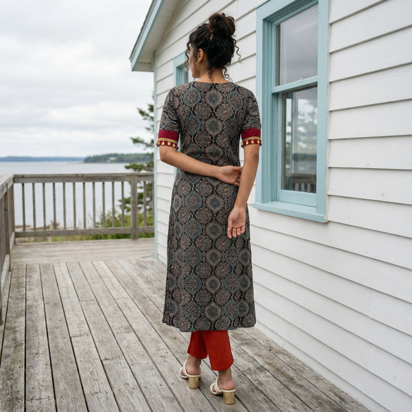 Modal silk Ajrakh kurta, V neck with raw silk patches, half sleeve, A Line, coin lace details, Black,  KS1008