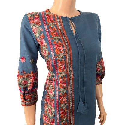 Embroidered Cotton Short Kurta with Tie-up neck & Pleated Sleeves,  Iris blue, KW1045