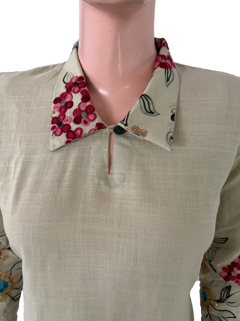 Embroidered Slub Cotton Straight Cut Kurta with Collar ,  Pastal Green , KW1046