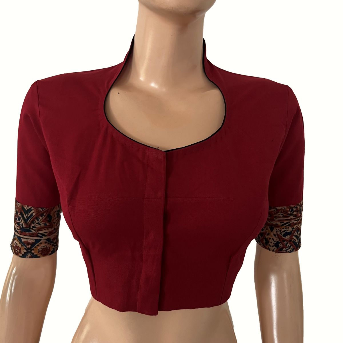 Flex Cotton High neck Blouse with Kalamkari Patches,  Maroon, BH1338