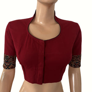Flex Cotton High neck Blouse with Kalamkari Patches,  Maroon, BH1338