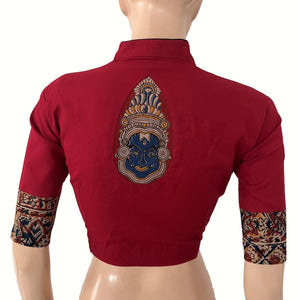 Flex Cotton High neck Blouse with Kalamkari Patches,  Maroon, BH1338