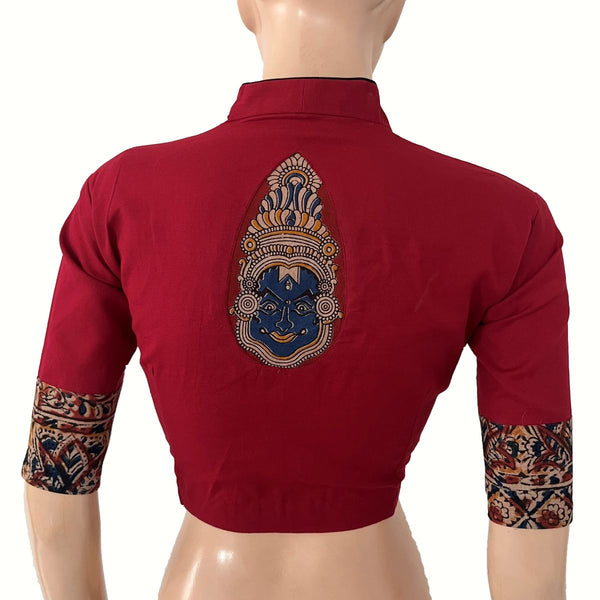 Flex Cotton High neck Blouse with Kalamkari Patches,  Maroon, BH1338