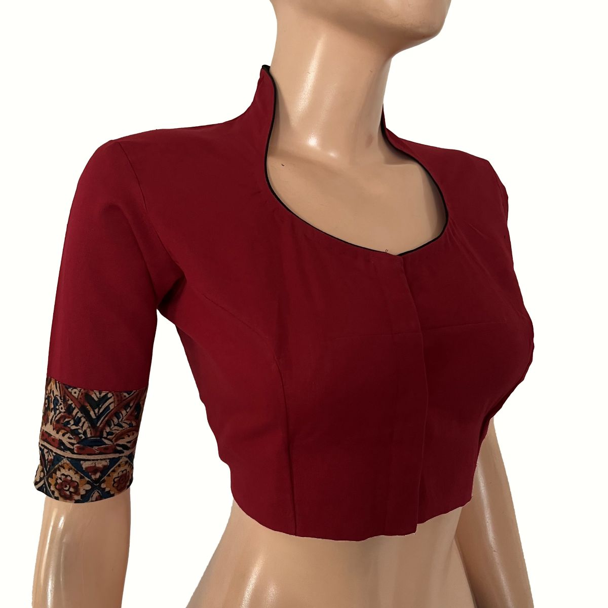 Flex Cotton High neck Blouse with Kalamkari Patches,  Maroon, BH1338