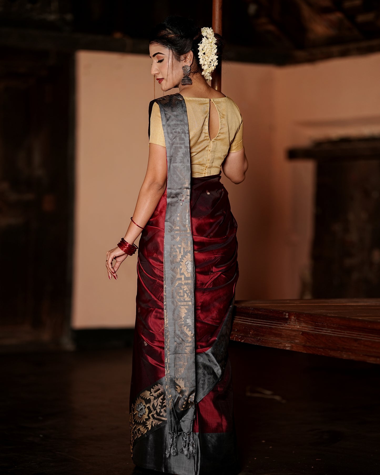 Pure Kanchipuram Soft Silk Saree with Zari Gold & Silver Border & Plain Grey Blouse Piece,   Maroon - Grey,   SK1001