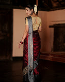 Pure Kanchipuram Soft Silk Saree with Zari Gold & Silver Border & Plain Grey Blouse Piece,   Maroon - Grey,   SK1001