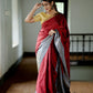 Pure Kanchipuram Soft Silk Saree with Zari Gold & Silver Border & Plain Grey Blouse Piece,   Maroon - Grey,   SK1001