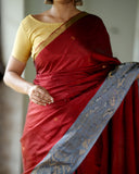 Pure Kanchipuram Soft Silk Saree with Zari Gold & Silver Border & Plain Grey Blouse Piece,   Maroon - Grey,   SK1001