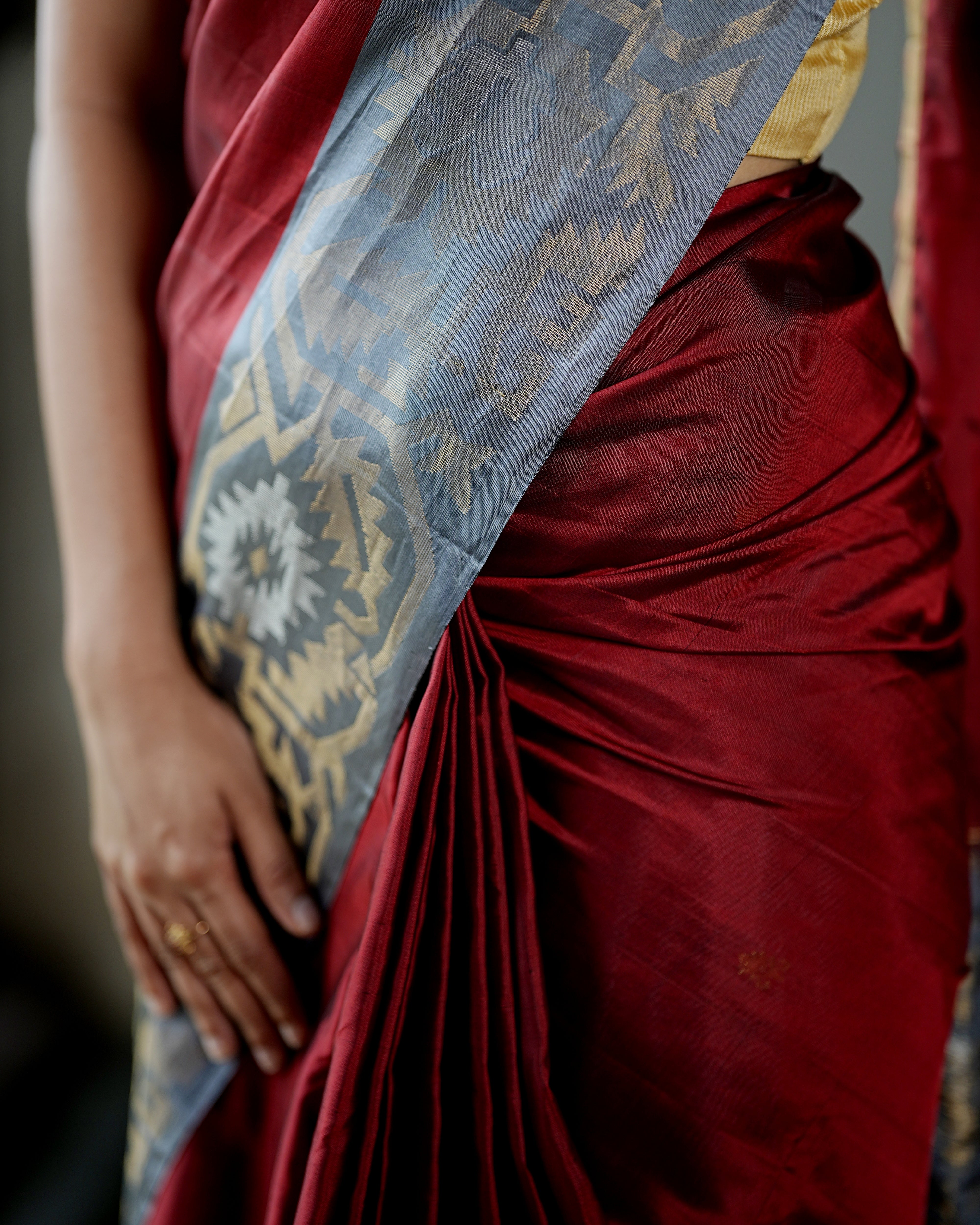 Pure Kanchipuram Soft Silk Saree with Zari Gold & Silver Border & Plain Grey Blouse Piece,   Maroon - Grey,   SK1001