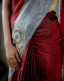 Pure Kanchipuram Soft Silk Saree with Zari Gold & Silver Border & Plain Grey Blouse Piece,   Maroon - Grey,   SK1001
