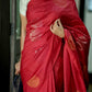 Pure Kanchipuram Soft Silk Borderless Saree with Pure Gold & Silver Zari Butta & Plain Navy blue Blouse Piece,   Red - Navy blue,   SK1002