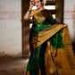 Pure Kanchipuram Soft Silk Saree with Broad Contrast Border, Pure Gold & Silver Zari Butta & Plain Mustard Blouse Piece,   Bottle Green - Golden Mustard,   SK1003
