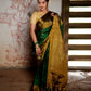 Pure Kanchipuram Soft Silk Saree with Broad Contrast Border, Pure Gold & Silver Zari Butta & Plain Mustard Blouse Piece,   Bottle Green - Golden Mustard,   SK1003