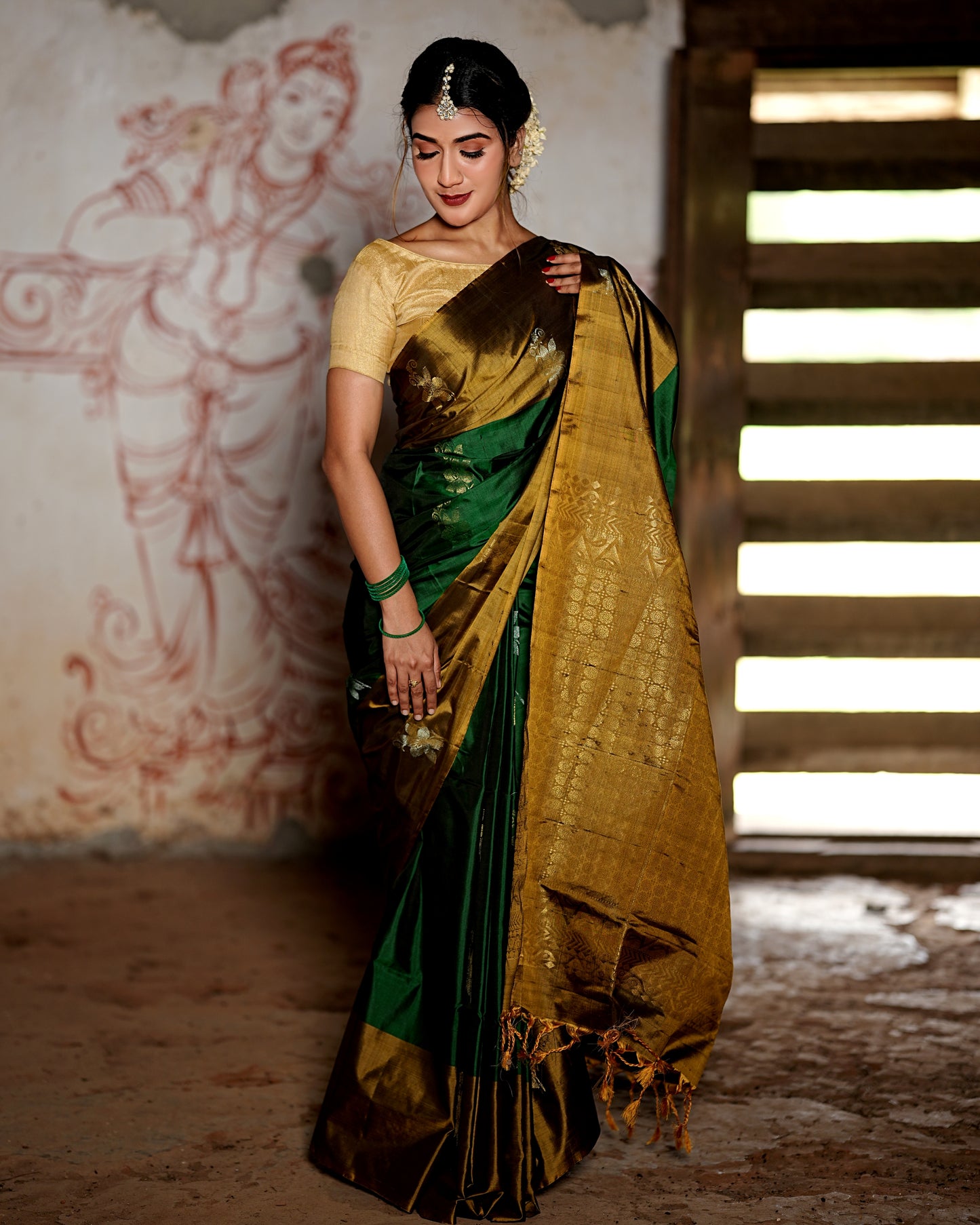 Pure Kanchipuram Soft Silk Saree with Broad Contrast Border, Pure Gold & Silver Zari Butta & Plain Mustard Blouse Piece,   Bottle Green - Golden Mustard,   SK1003