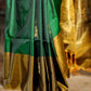 Pure Kanchipuram Soft Silk Saree with Broad Contrast Border, Pure Gold & Silver Zari Butta & Plain Mustard Blouse Piece,   Bottle Green - Golden Mustard,   SK1003