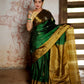 Pure Kanchipuram Soft Silk Saree with Broad Contrast Border, Pure Gold & Silver Zari Butta & Plain Mustard Blouse Piece,   Bottle Green - Golden Mustard,   SK1003