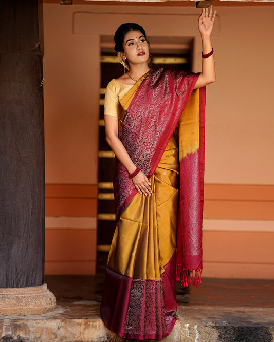 Pure Kanchipuram Soft Silk Saree with Broad Zari Brocade One Side Border, Pure Gold & Silver Zari Butta & Plain Maroon Blouse Piece,   Mustard - Maroon,   SK1005