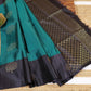 Pure Kanchipuram Soft Silk Saree with Pure Golden Butta, Contrast Border & Plain Grey Blouse Piece, Teal Green - Dark Grey,   SK1006