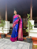 Pure Kanchipuram Soft Silk Saree with Minakari Woven Butta, Contrast Border, Heavy Zari Pallu & Plain Rani Pink Blouse Piece, Royal blue - Rani Pink,,   SK1008