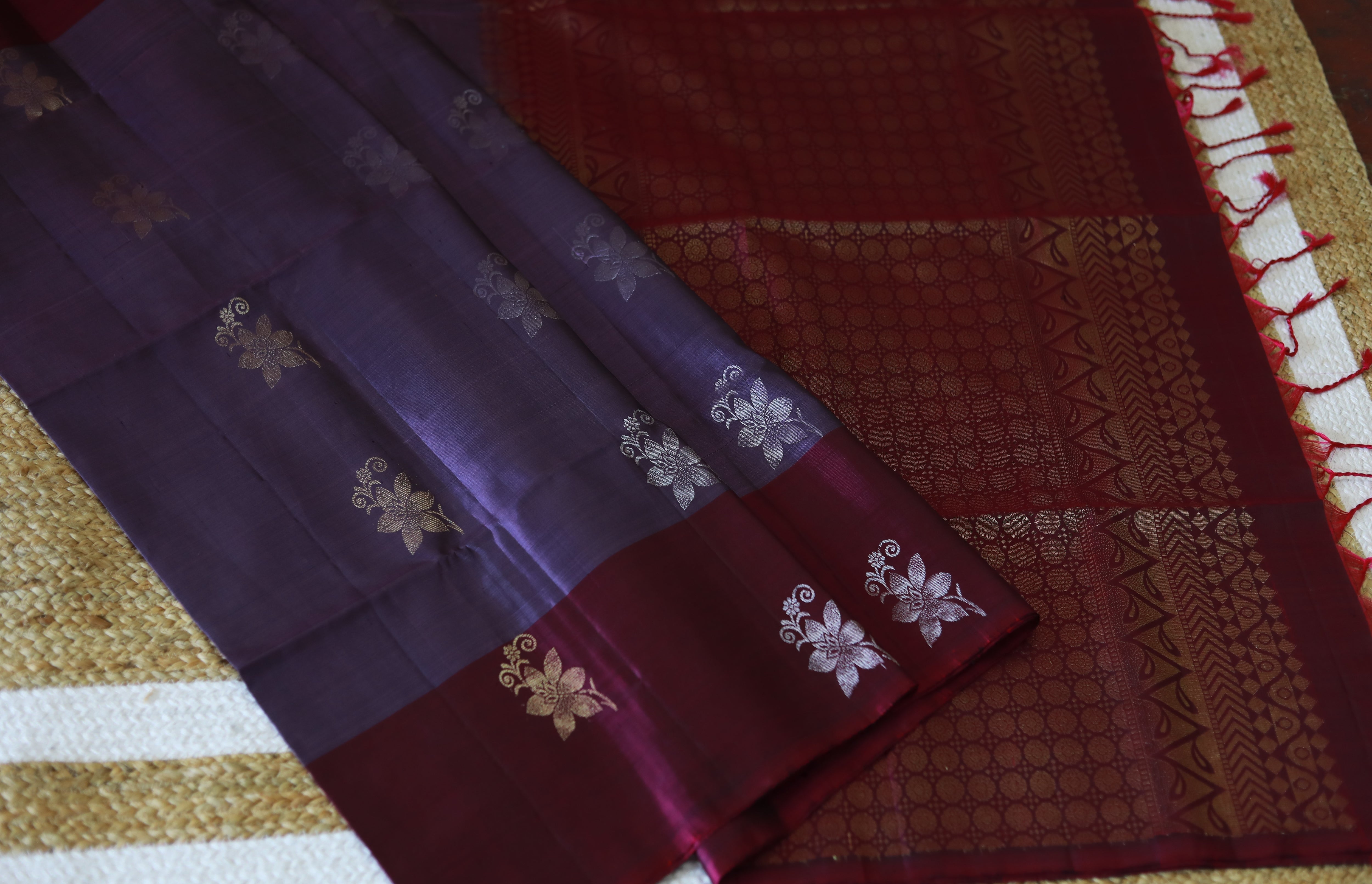 Pure Kanchipuram Soft Silk Saree with Pure Gold & Silver Butta, Contrast Border, Heavy Pallu  & Plain Rani Pink Blouse Piece, Lavendar - Rani Pink, SK1009
