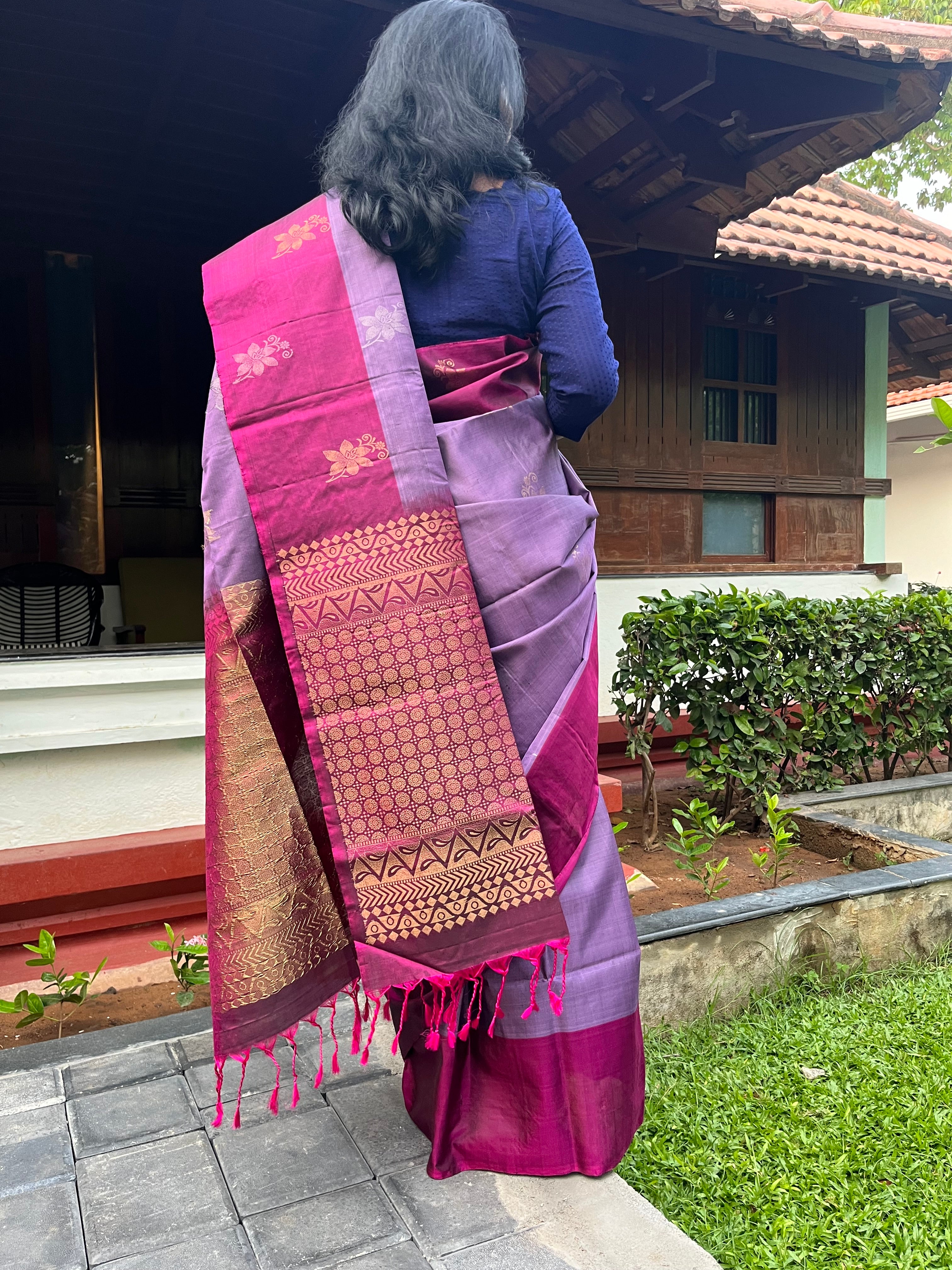 Pure Kanchipuram Soft Silk Saree with Pure Gold & Silver Butta, Contrast Border, Heavy Pallu  & Plain Rani Pink Blouse Piece, Lavendar - Rani Pink, SK1009