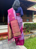 Pure Kanchipuram Soft Silk Saree with Pure Gold & Silver Butta, Contrast Border, Heavy Pallu  & Plain Rani Pink Blouse Piece, Lavendar - Rani Pink, SK1009